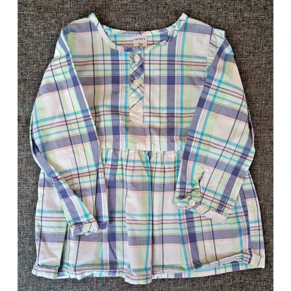 Carters Shirt Size 3T Girls Purple Green White Plaid Long Sleeve